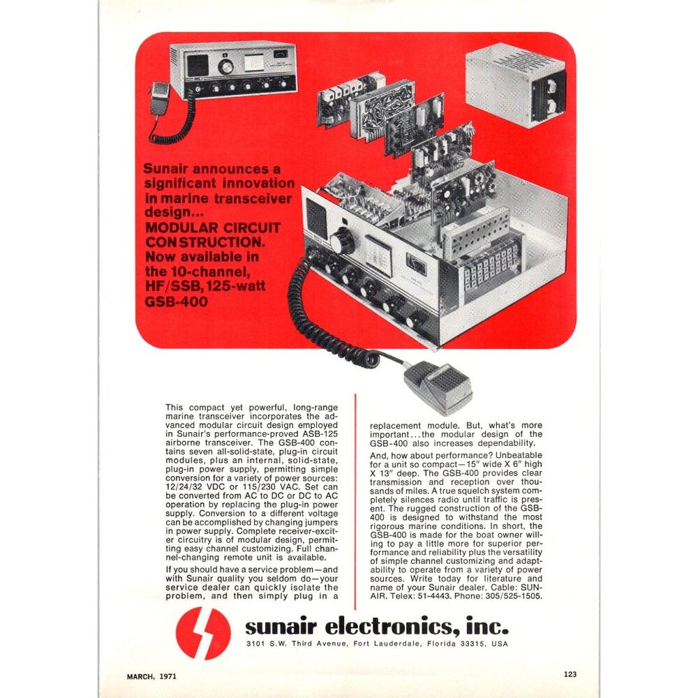 1971 Sunair Electronics Marine Transceiver Vintage Print Ad Cutaway 70s Wall Art